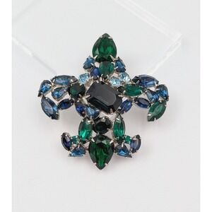 Vintage Fleur de Lis Brooch Rhinestone Green Blue Black Prong Set Victorian